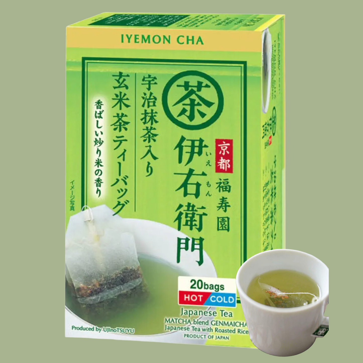 Kyoto Fukujuen Iyemon Japanese Genmaicha with Matcha –  Green Tea Bags, 20 Pack